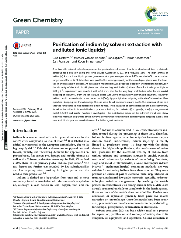 (PDF) Purification of indium by solvent extraction with undiluted ionic ...