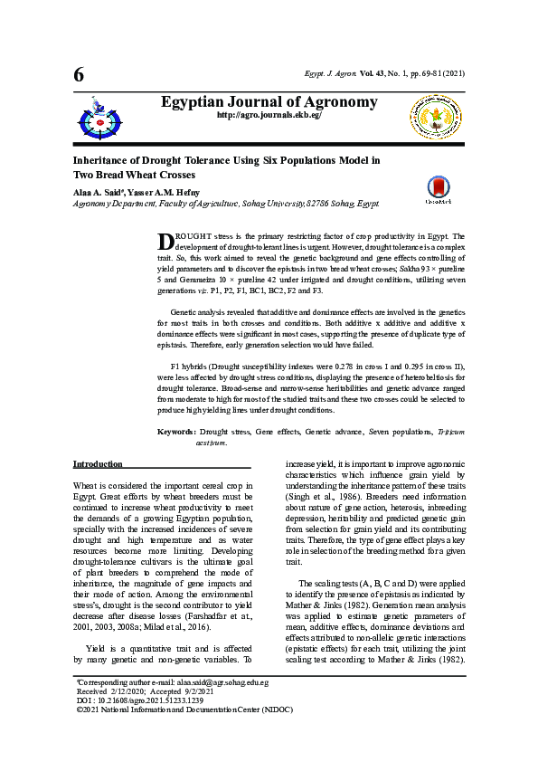 (PDF) Inheritance of Drought Tolerance Using Six Populations Model in ...