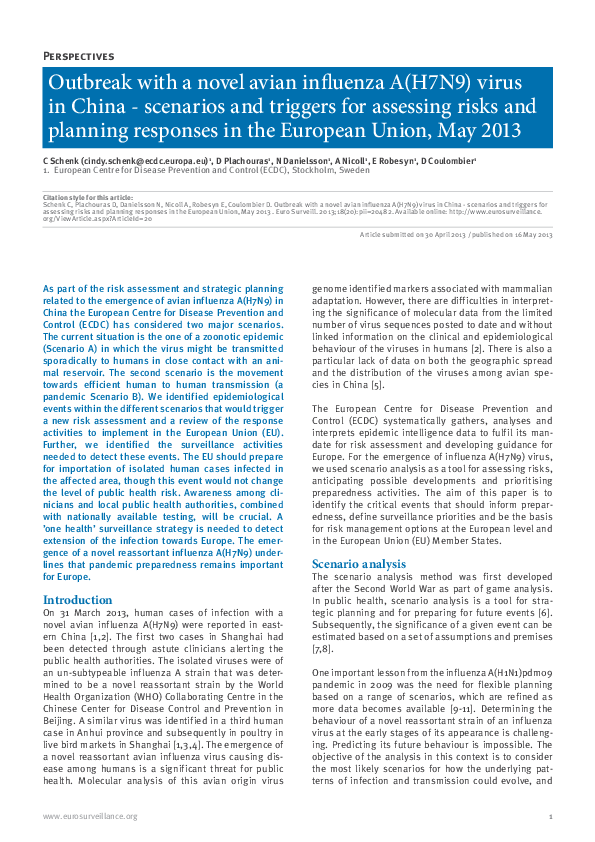 (PDF) Outbreak with a novel avian influenza A(H7N9) virus in China ...