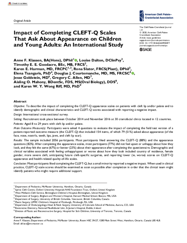 (PDF) Impact of Completing CLEFT-Q Scales That Ask About Appearance on ...