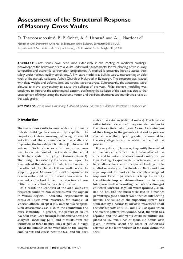 (PDF) Assessment of the Structural Response of Masonry Cross Vaults