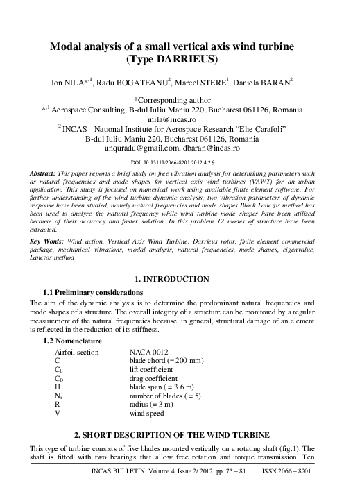 (PDF) Modal analysis of a small vertical axis wind turbine (Type DARRIEUS)