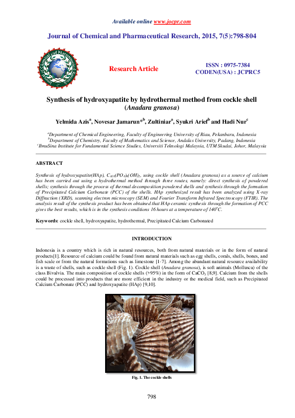 (PDF) Synthesis of hydroxyapatite by hydrothermal method from cockle ...