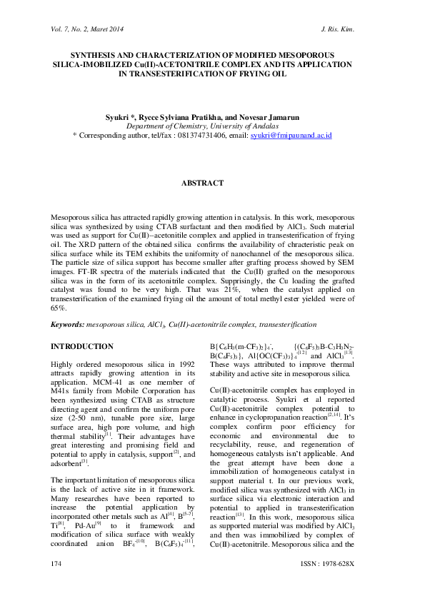 (PDF) SYNTHESIS AND CHARACTERIZATION OF MODIFIED MESOPOROUS SILICA ...