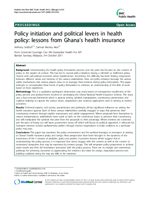 (PDF) Policy initiation and political levers in health policy lessons