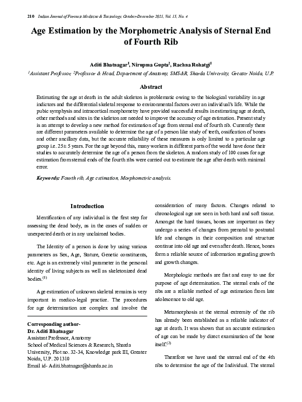 (PDF) Age Estimation by the Morphometric Analysis of Sternal End of ...