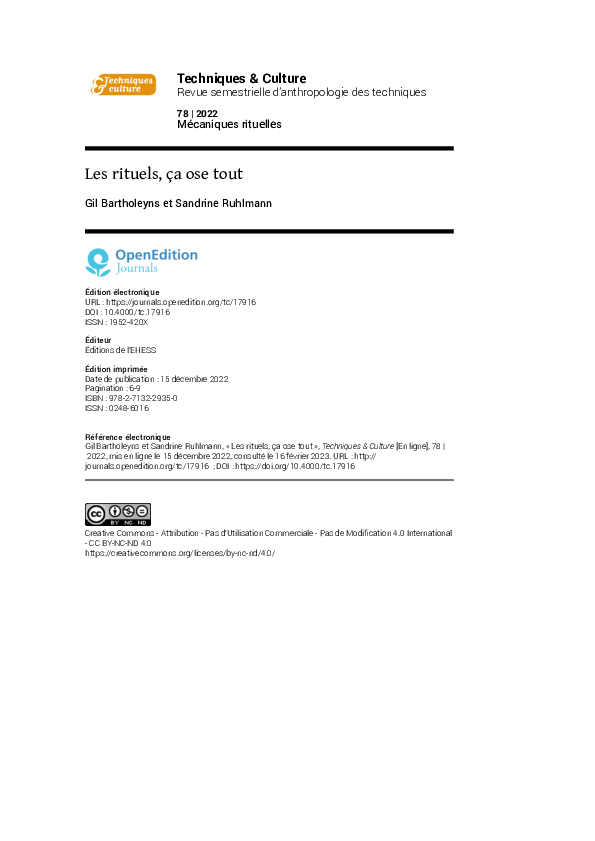 (PDF) Les rituels, ça ose tout, Techniques&Culture, n° 78 (Mécaniques ...