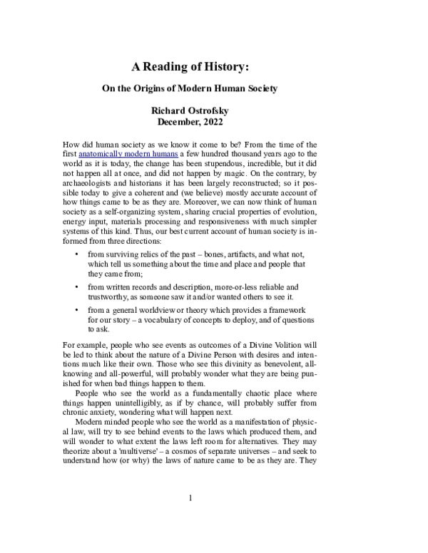 (PDF) A Reading of History: On the Origins of Modern Human Society