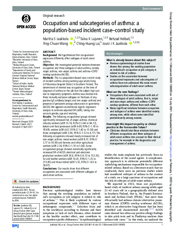 (PDF) Occupation and subcategories of asthma a populationbased