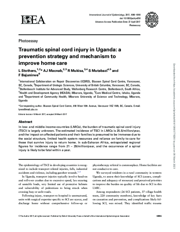 (PDF) Traumatic spinal cord injury in Uganda: a prevention strategy and ...
