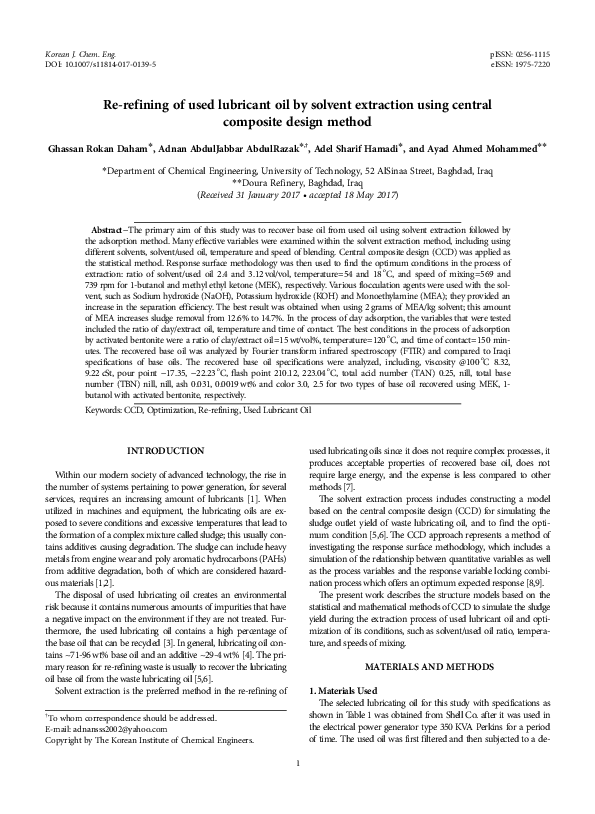 (PDF) Rerefining of used lubricant oil by solvent extraction using