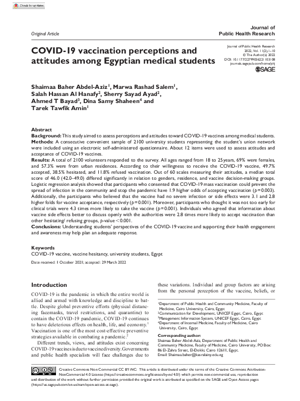 (PDF) COVID-19 vaccination perceptions and attitudes among Egyptian ...