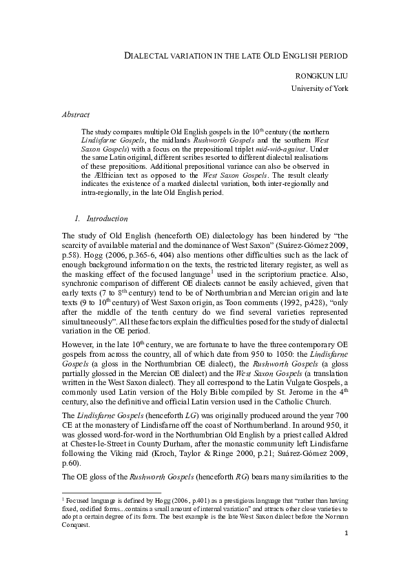 (PDF) Dialectal Variation in the late Old English Period (Evidence from ...