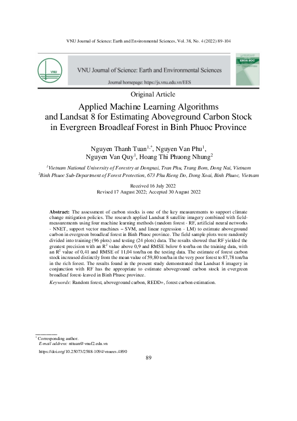 (PDF) Applied Machine Learning Algorithms and Landsat 8 for Estimating ...