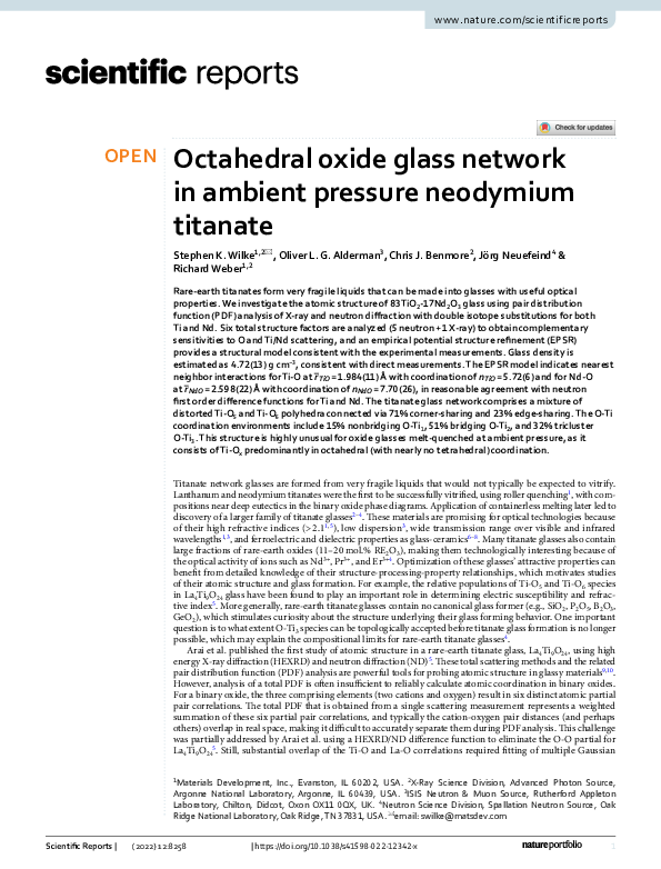 (PDF) Octahedral oxide glass network in ambient pressure neodymium titanate