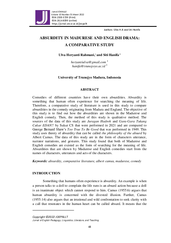 (PDF) ABSURDITY IN MADURESE AND ENGLISH DRAMA: A COMPARATIVE STUDY