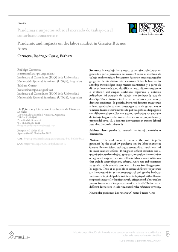 (PDF) Pandemia e impactos sobre el mercado de trabajo en el conurbano ...