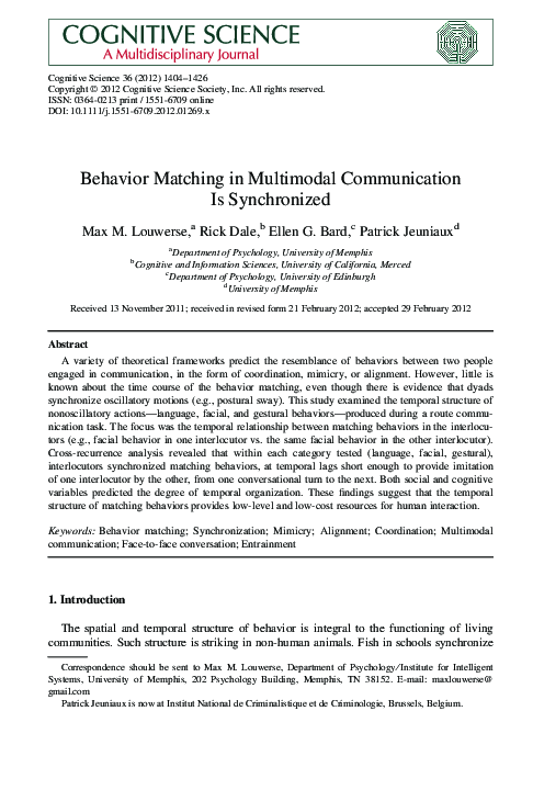 (PDF) Timing of Behavior Matching in Communication
