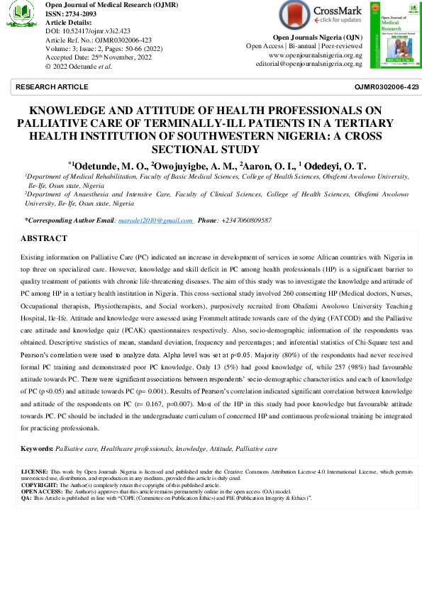 (PDF) Knowledge and Attitude of Health Professionals on Palliative Care ...