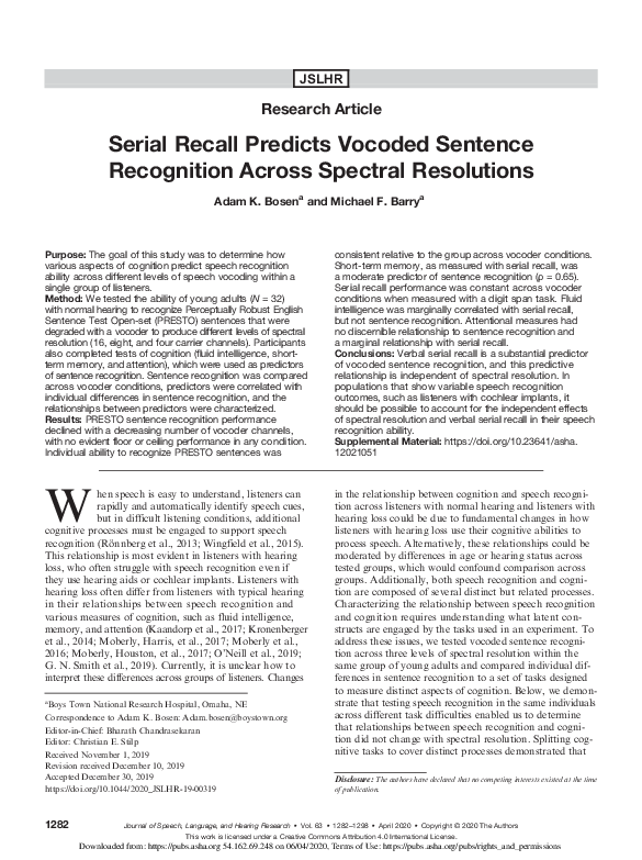 (PDF) Serial Recall Predicts Vocoded Sentence Recognition Across ...