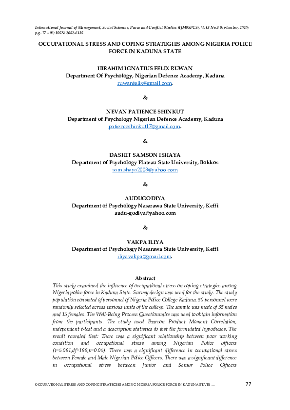 (PDF) Occupational Stress and Coping Strategies Among Nigeria Police ...