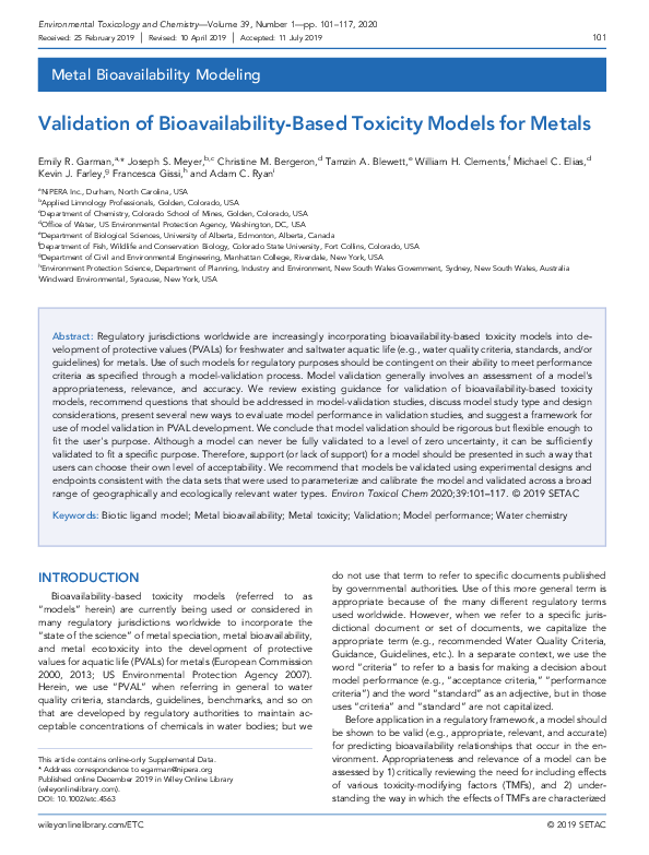 (PDF) Validation of Bioavailability‐Based Toxicity Models for Metals