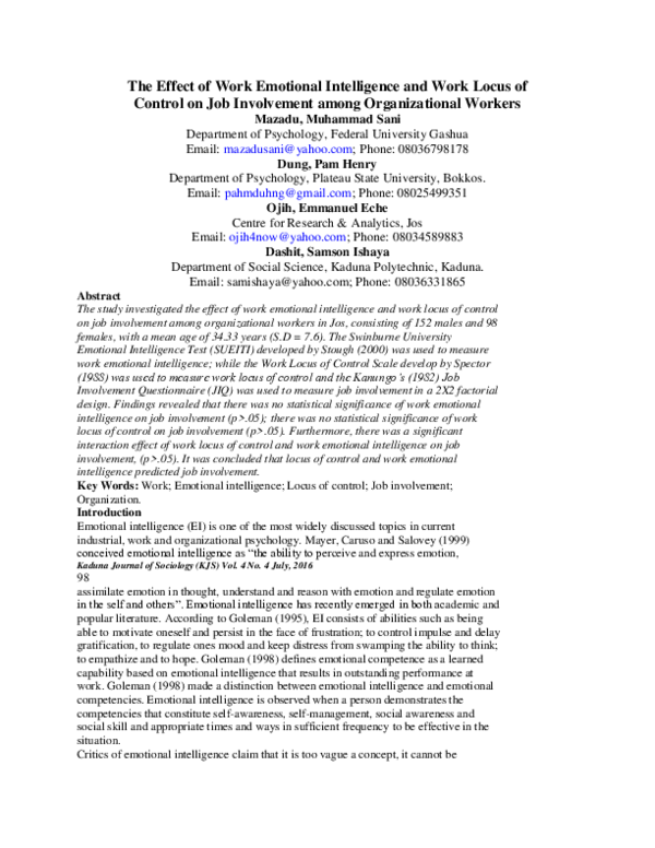 (PDF) The Effect of Work Emotional Intelligence and Work Locus of ...