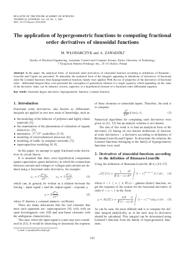 (PDF) The application of hypergeometric functions to computing ...