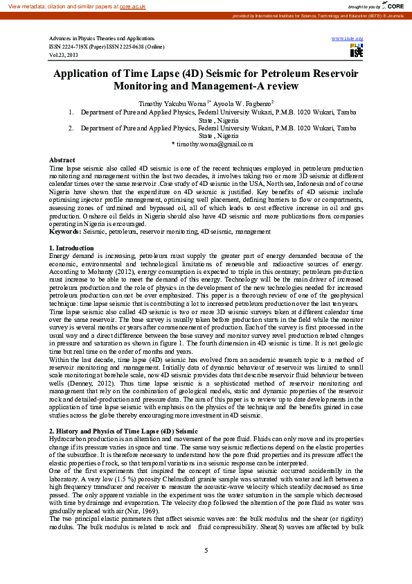 (PDF) Application of Time Lapse (4D) Seismic for Petroleum