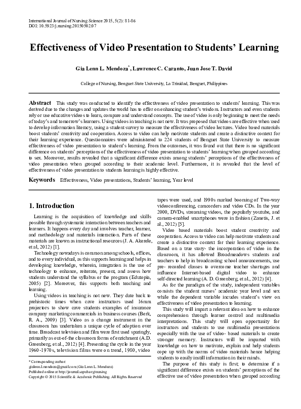 (PDF) Effectiveness of Video Presentation to Students’ Learning