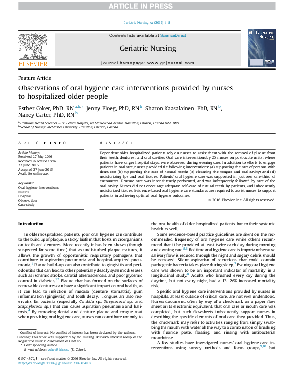 (PDF) Observations of oral hygiene care interventions provided by ...