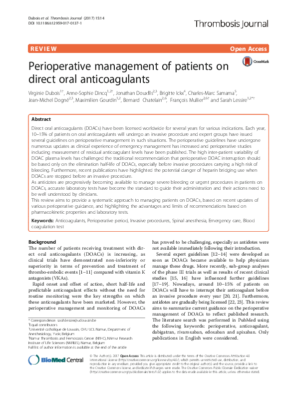 (PDF) Perioperative management of patients on direct oral anticoagulants