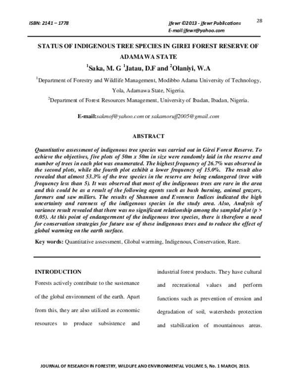 (PDF) STATUS OF INDIGENOUS TREE SPECIES IN GIREI FOREST RESERVE OF ...