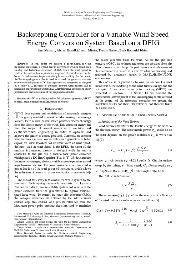 (PDF) Backstepping Controller for a Variable Wind Speed Energy ...