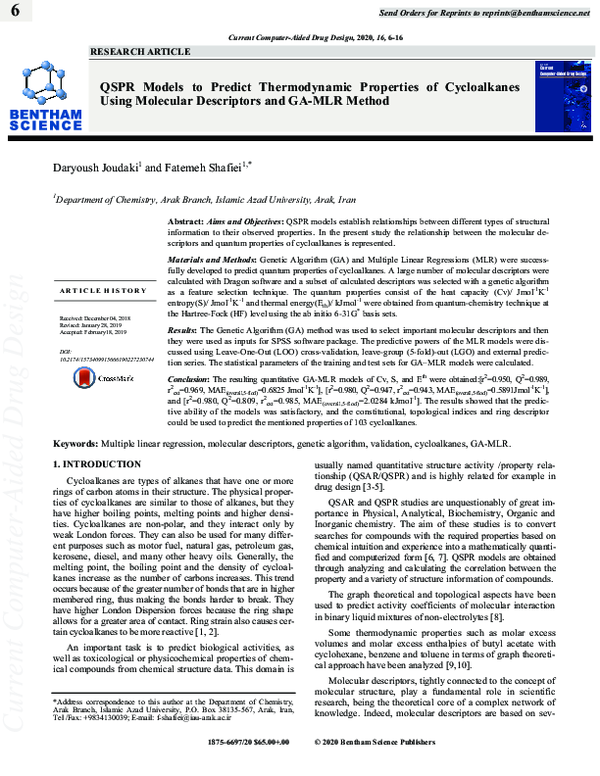(PDF) QSPR Models to Predict Thermodynamic Properties of Cycloalkanes ...