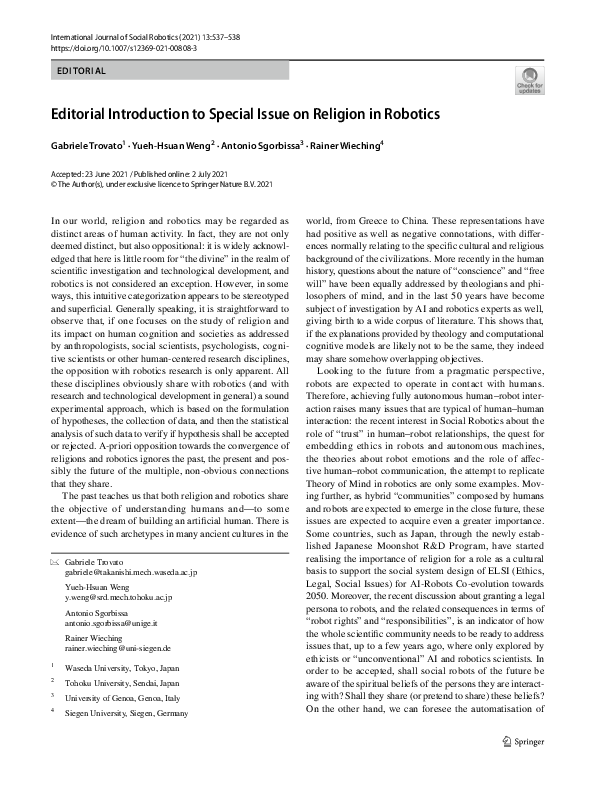 (PDF) Editorial Introduction to Special Issue on Religion in Robotics