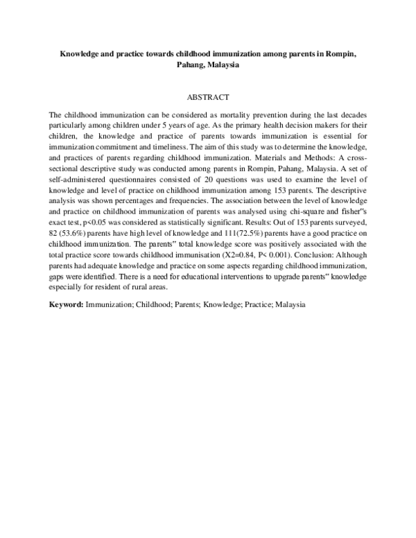 (PDF) Knowledge and practice towards childhood immunization among ...
