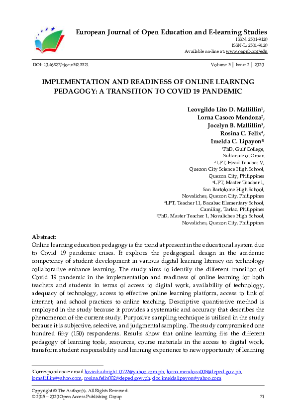 (PDF) Implementation and Readiness of Online Learning Pedagogy: A ...