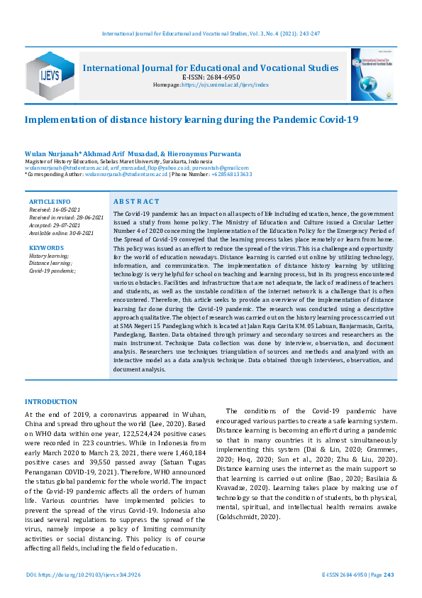 (PDF) Implementation of distance history learning during the Pandemic ...