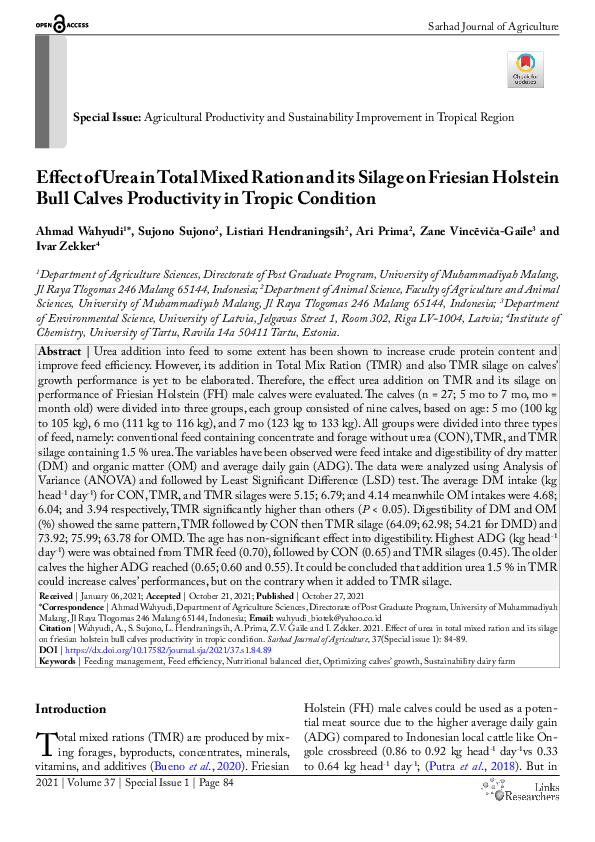 (PDF) Effect of Urea in Total Mixed Ration and its Silage on Friesian ...