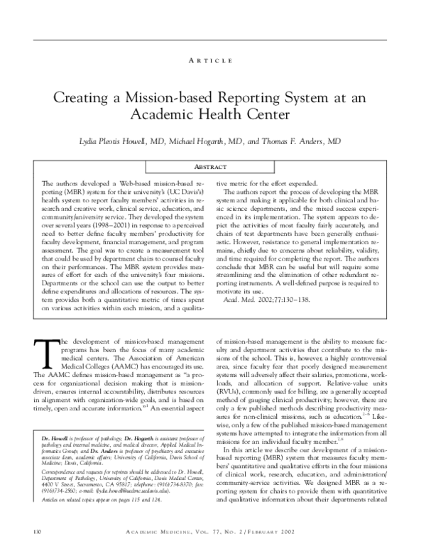 (PDF) Creating a Mission-based Reporting System at an Academic Health ...