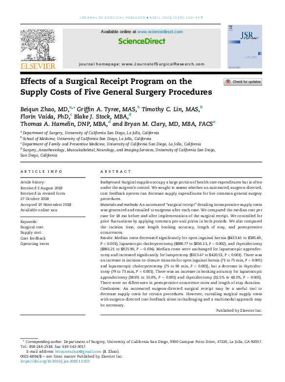 Pdf Effects Of A Surgical Receipt Program On The Supply Costs Of Five