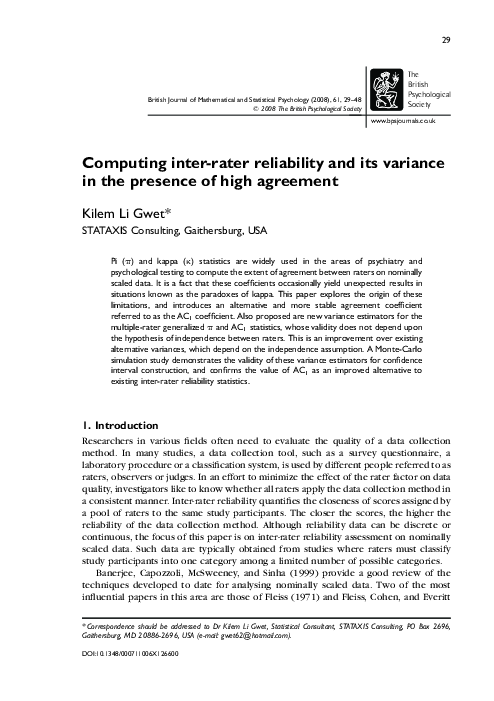 (PDF) Computing inter-rater reliability and its variance in the ...