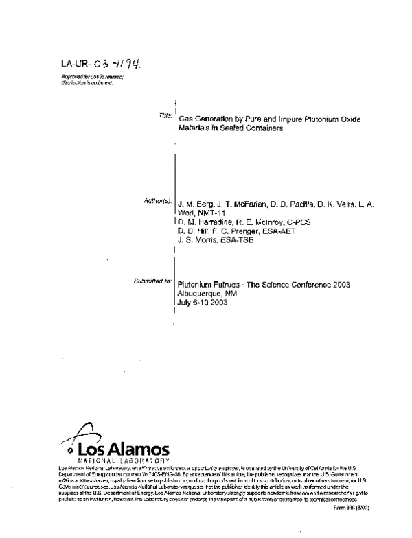 (PDF) Gas generation by pure and impure plutonium oxide materials in ...
