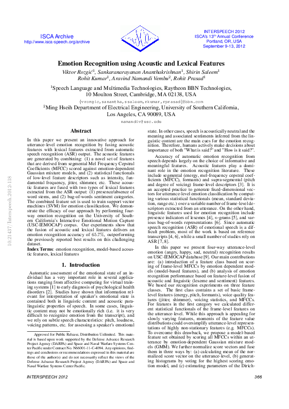(PDF) Emotion recognition using acoustic and lexical features