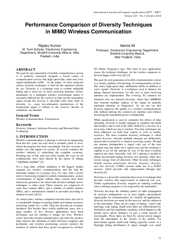 (PDF) Performance Comparison of Diversity Techniques in MIMO Wireless ...