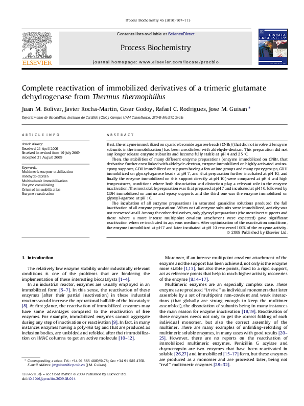 Complete reactivation of immobilized derivatives of a trimeric glutamate dehydrogenase from Thermus thermophillus