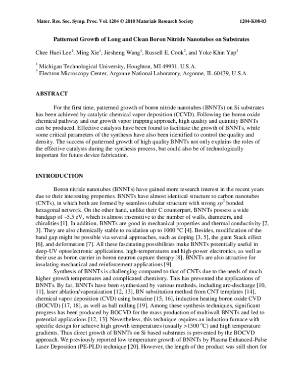 (PDF) Patterned Growth of Long and Clean Boron Nitride Nanotubes on ...