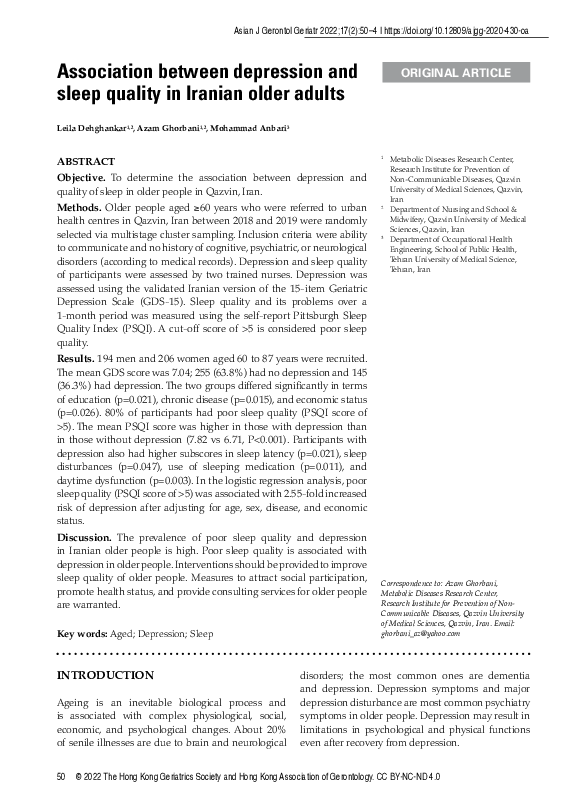 (PDF) Association between depression and sleep quality in Iranian older ...
