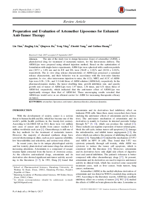 (PDF) Preparation and Evaluation of Artemether Liposomes for Enhanced ...